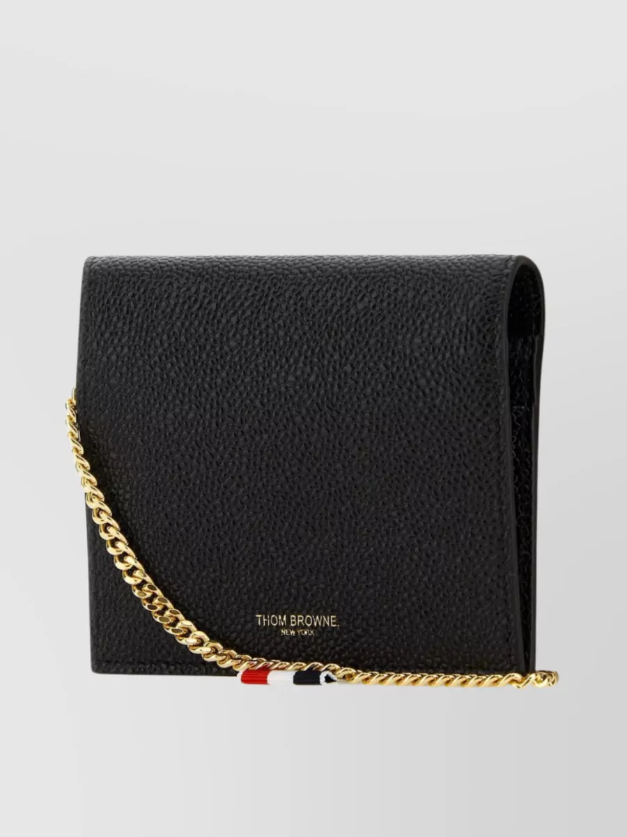 Shop Thom Browne Foldover Cardholder Pebble Leather Chain In Black