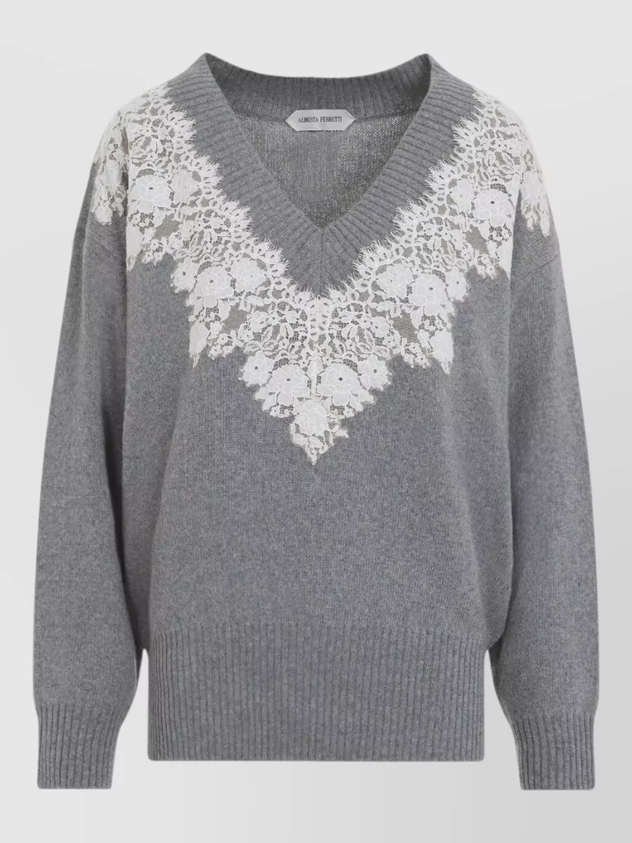 Alberta Ferretti cashmere v-neck fine-knit lace-appliqué sweater