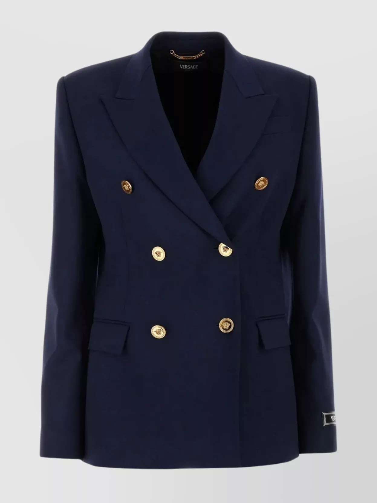 Shop Versace Back-slit Stretch Wool Blazer With Padded Shoulders In Blue