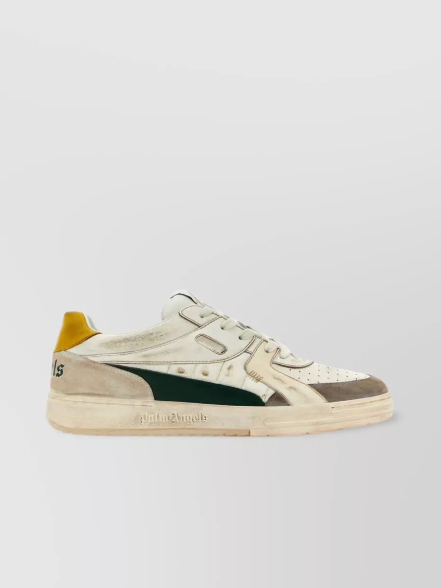 Shop Palm Angels Leather And Suede Sneakers With Palm Print In Cream