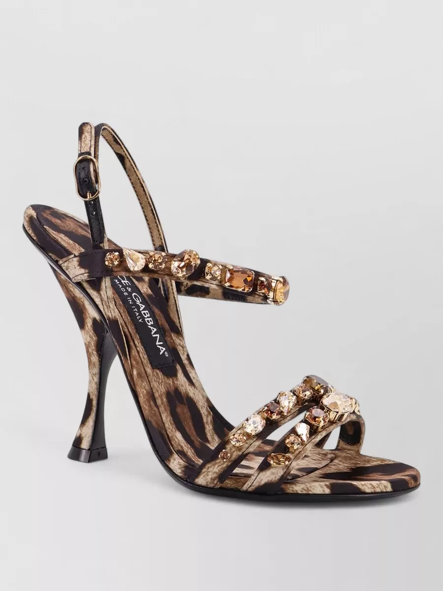Dolce & Gabbana Satin Sandals Animal Motif Rhinestone Straps Heel In Brown