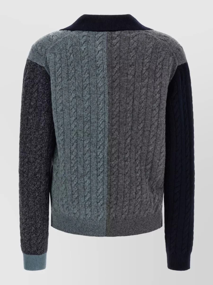 Ferragamo Virgin Wool Color Block Cable-Knit V-Neck Polo Sweater