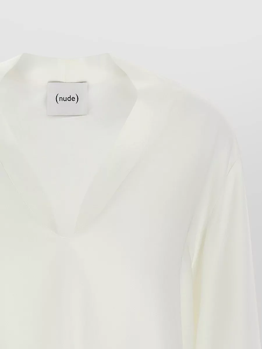 Nude Asymmetric V-Neck Long-Sleeve Blouse