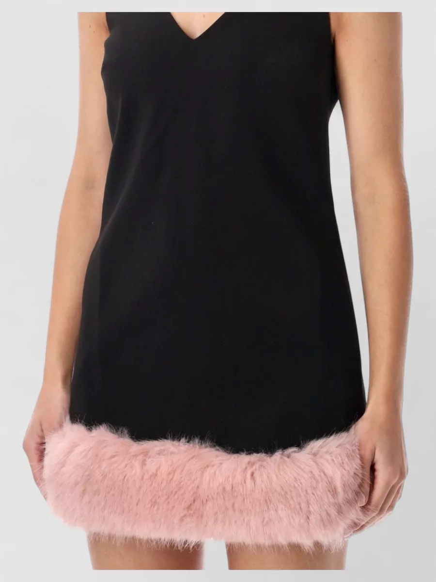 Self-Portrait Faux Fur Trim V-Neck Crepe Mini Dress