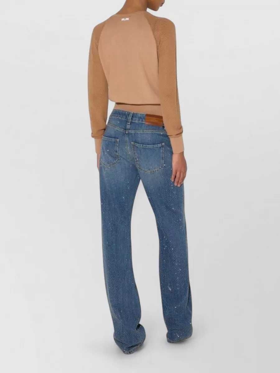 Elisabetta Franchi Rhinestone-Embellished Low-Rise Wide-Leg Denim Jeans