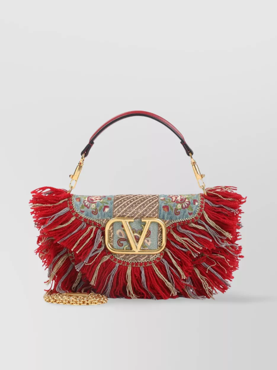 Valentino Garavani Small Cotton Shoulder Bag With Fringed Edges
