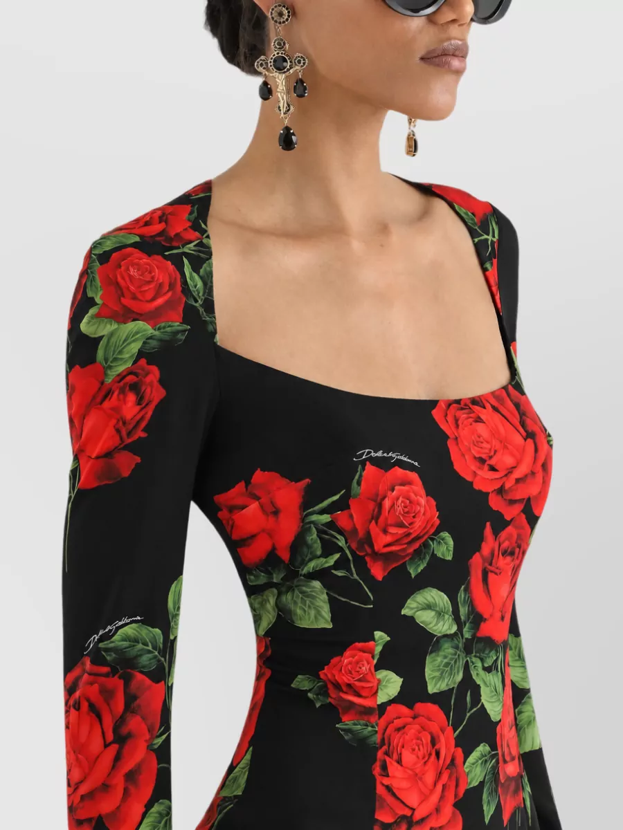 Dolce&Gabbana Silk Rose-Print Sweetheart-Neckline Long-Sleeve Midi Dress