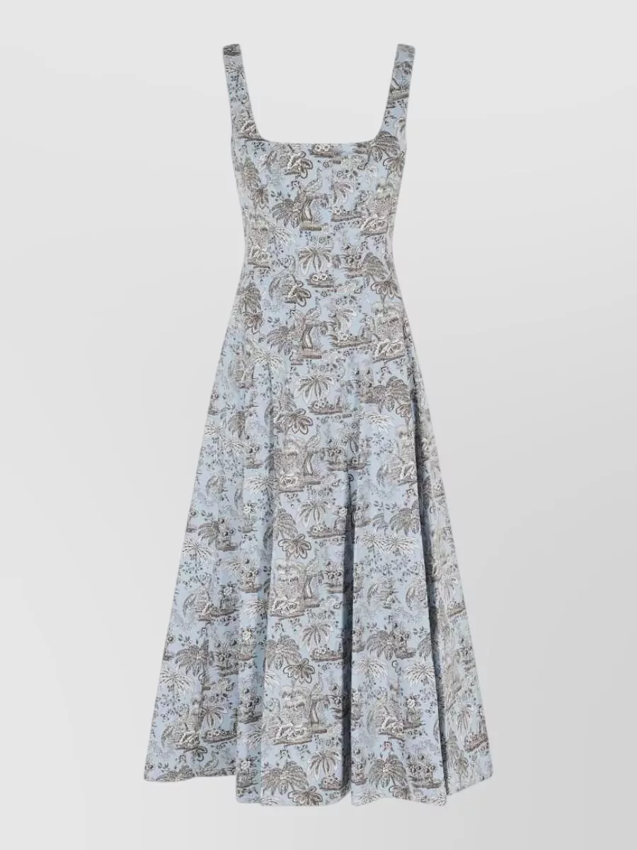 Staud Floral-Print Square-Neck A-Line Midi Dress