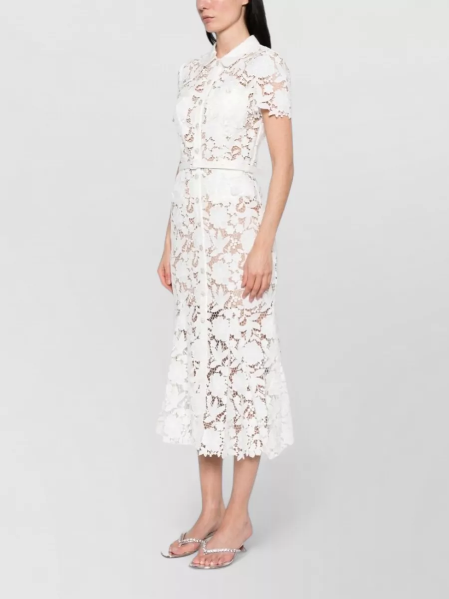 Self-Portrait Lace Collared Short-Sleeve Belted Flared Midi Dress