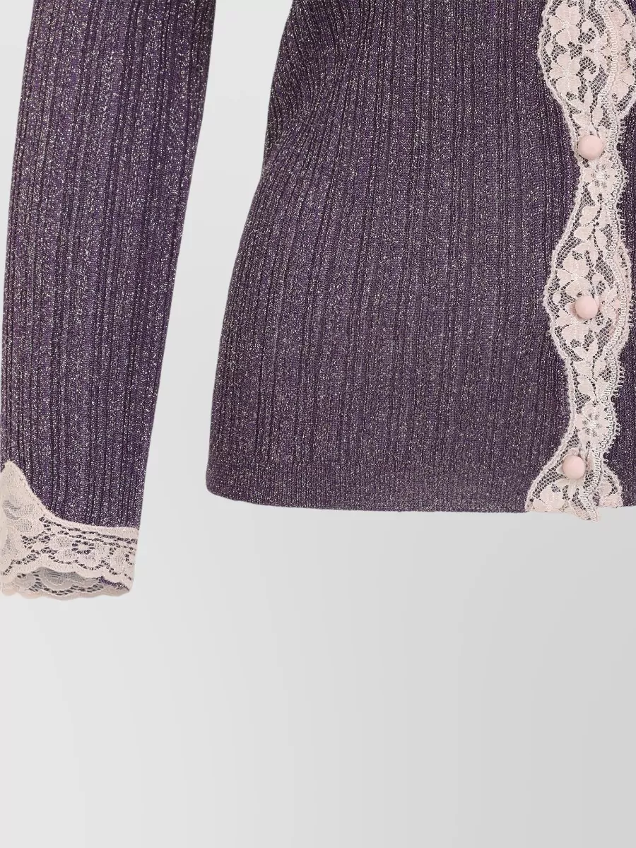 Valentino Ribbed Lurex Knit Lace Trim Cardigan