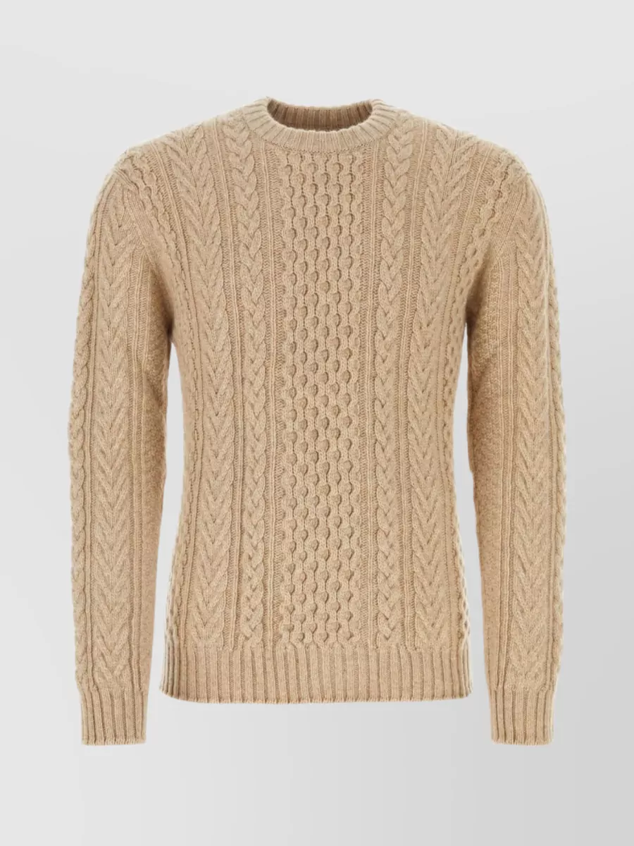 Shop Johnstons Of Elgin Ribbed Crew-neck Cashmere Sweater With Cable Knit Pattern In Cream