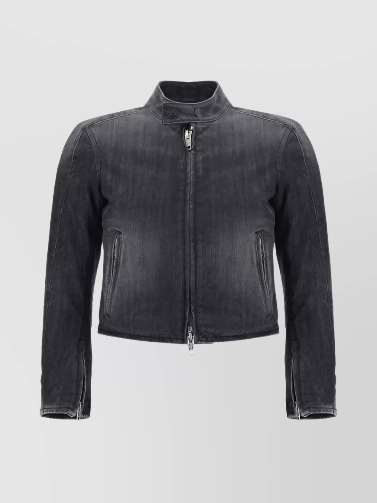 Shop Balenciaga Cropped Denim Racer Jacket With High Collar