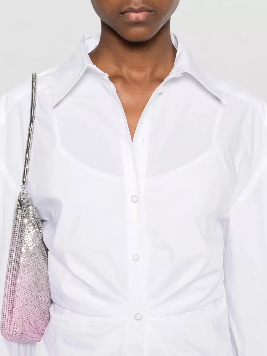 Rotate Cotton Gathered Knotted Shirt Mini Dress