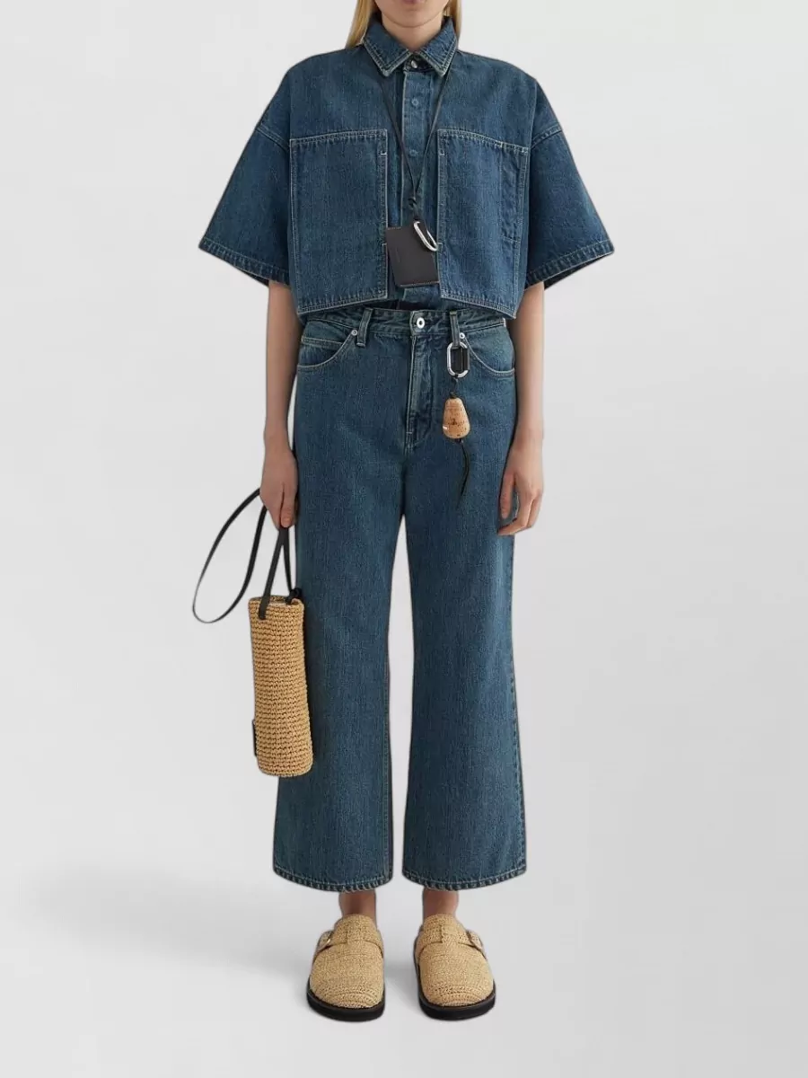 Jil Sander Plus Denim Paneled Crop-Sleeve Shirt