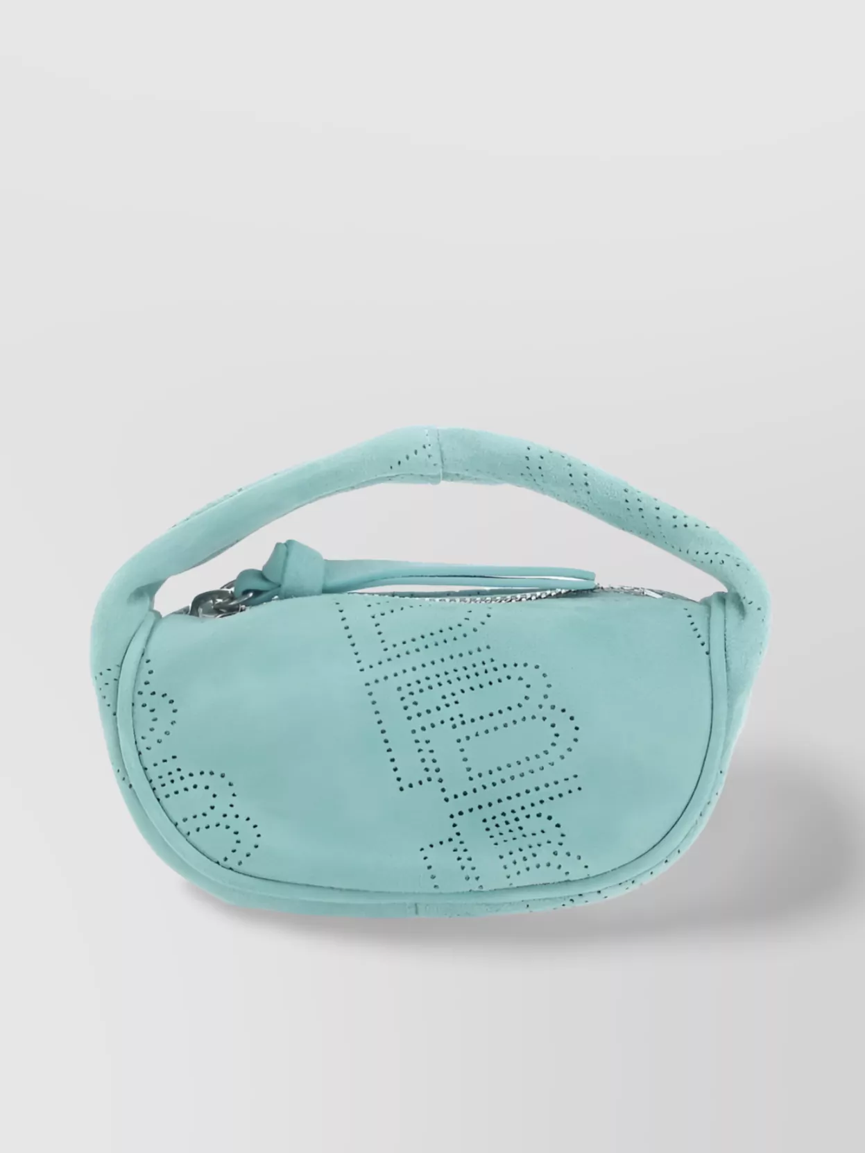 Shop By Far Curved Suede Clutch With Perforated Design In Cyan
