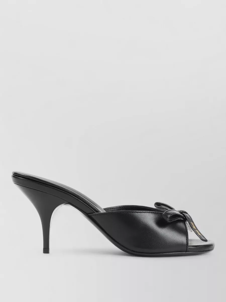 Miu Miu Lamb Leather Slippers Bow Open Toe Stiletto In Black