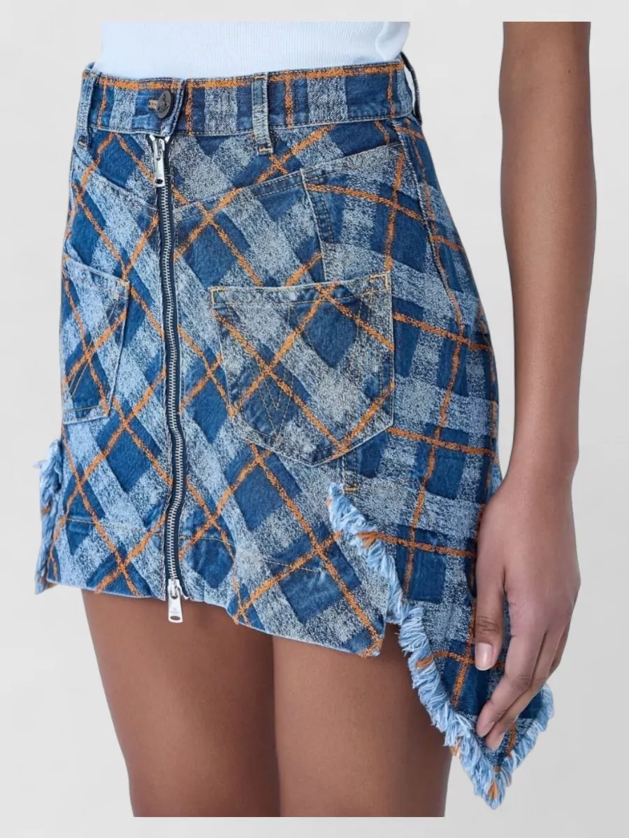 Vivienne Westwood Denim Tartan Jacquard Paneled Asymmetric Mini Skirt
