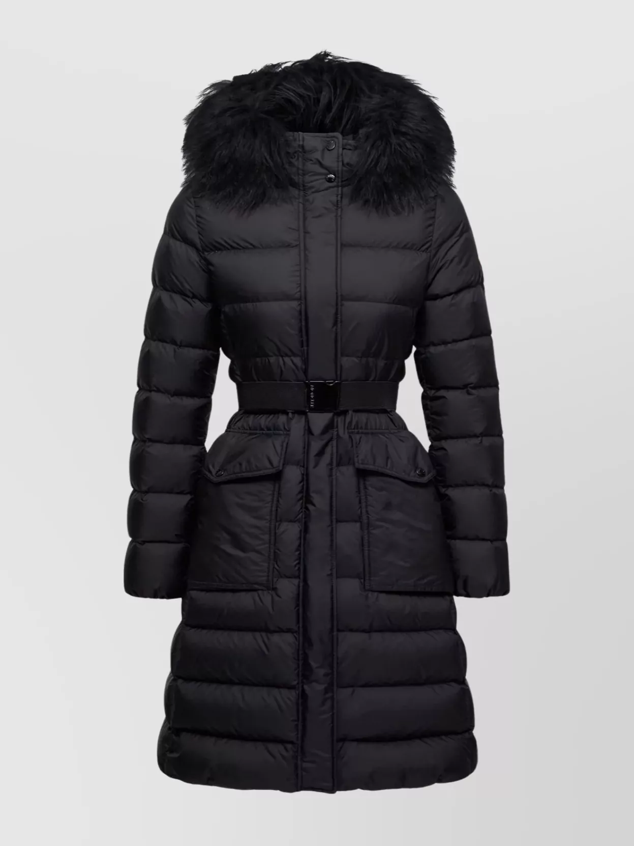 Moncler Khloesse Hooded Shearling-trimmed Long Down Jacket In Black