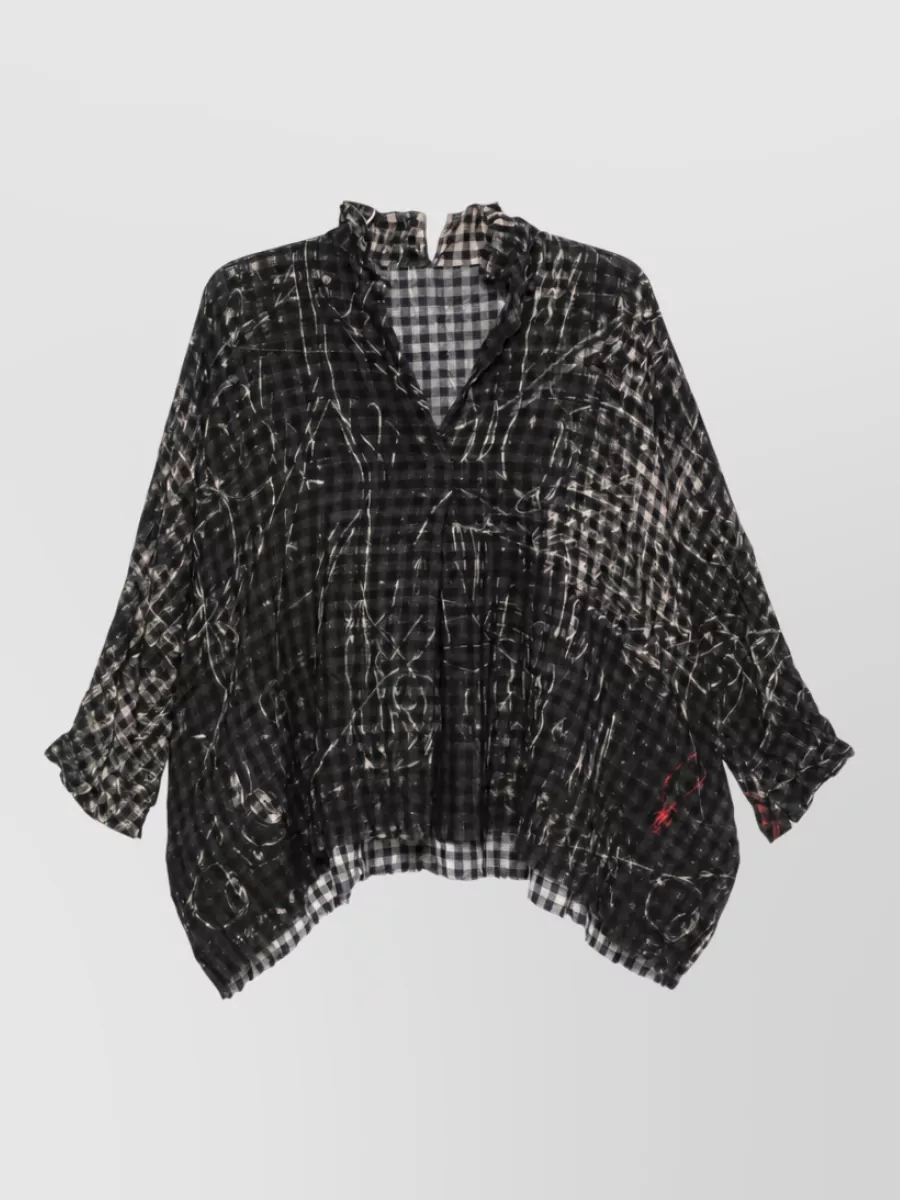 Daniela Gregis wool checked crinkled v-neck long-sleeve blouse