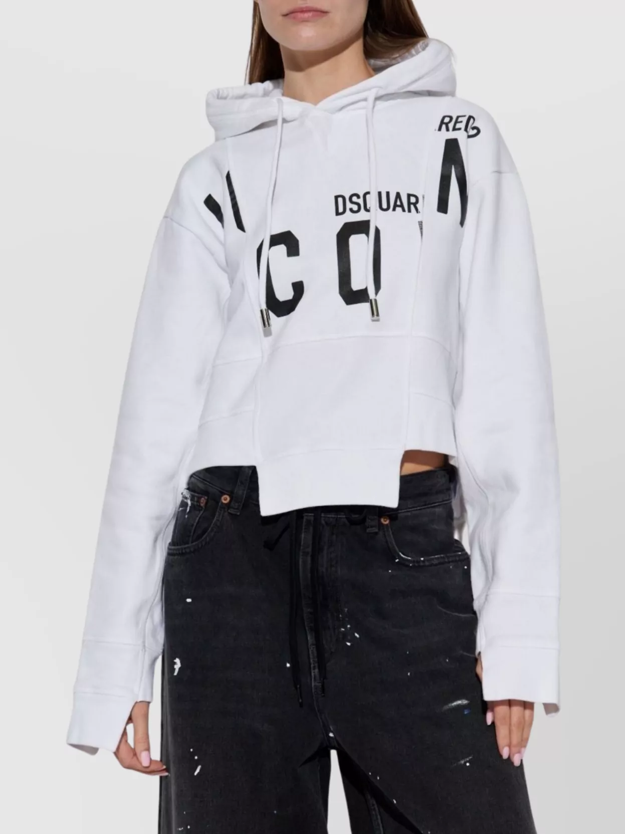 Dsquared2 Asymmetric Hem Cropped Hoodie Drawstring In White