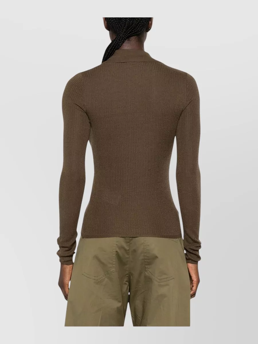 Max Mara Silk Cashmere Ribbed V-Neck Long-Sleeve Polo Shirt
