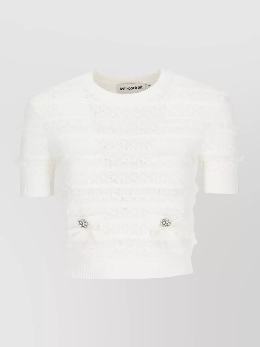 Self-Portrait Fine-Knit Crewneck Short-Sleeve Blouse