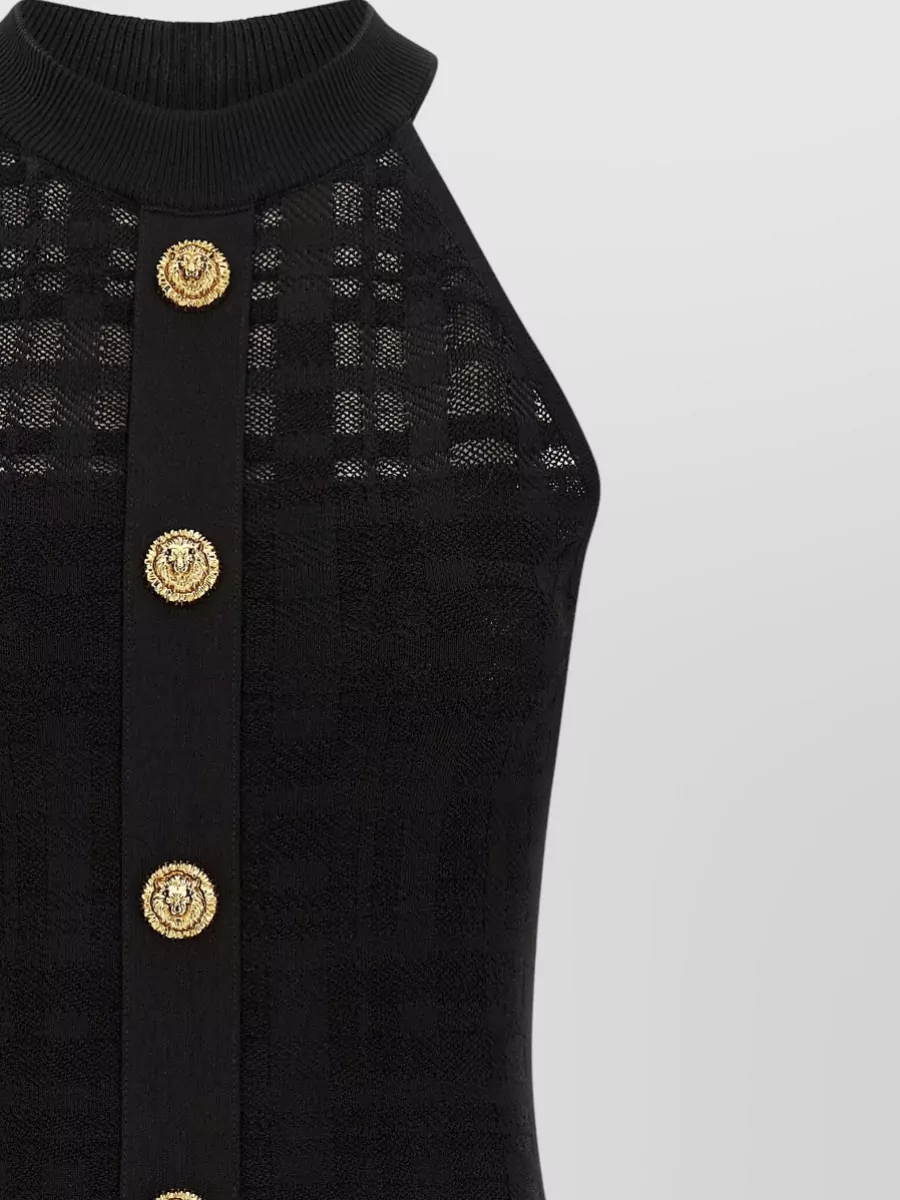 Balmain Tartan Knit Dress Halter Neck Gold Buttons