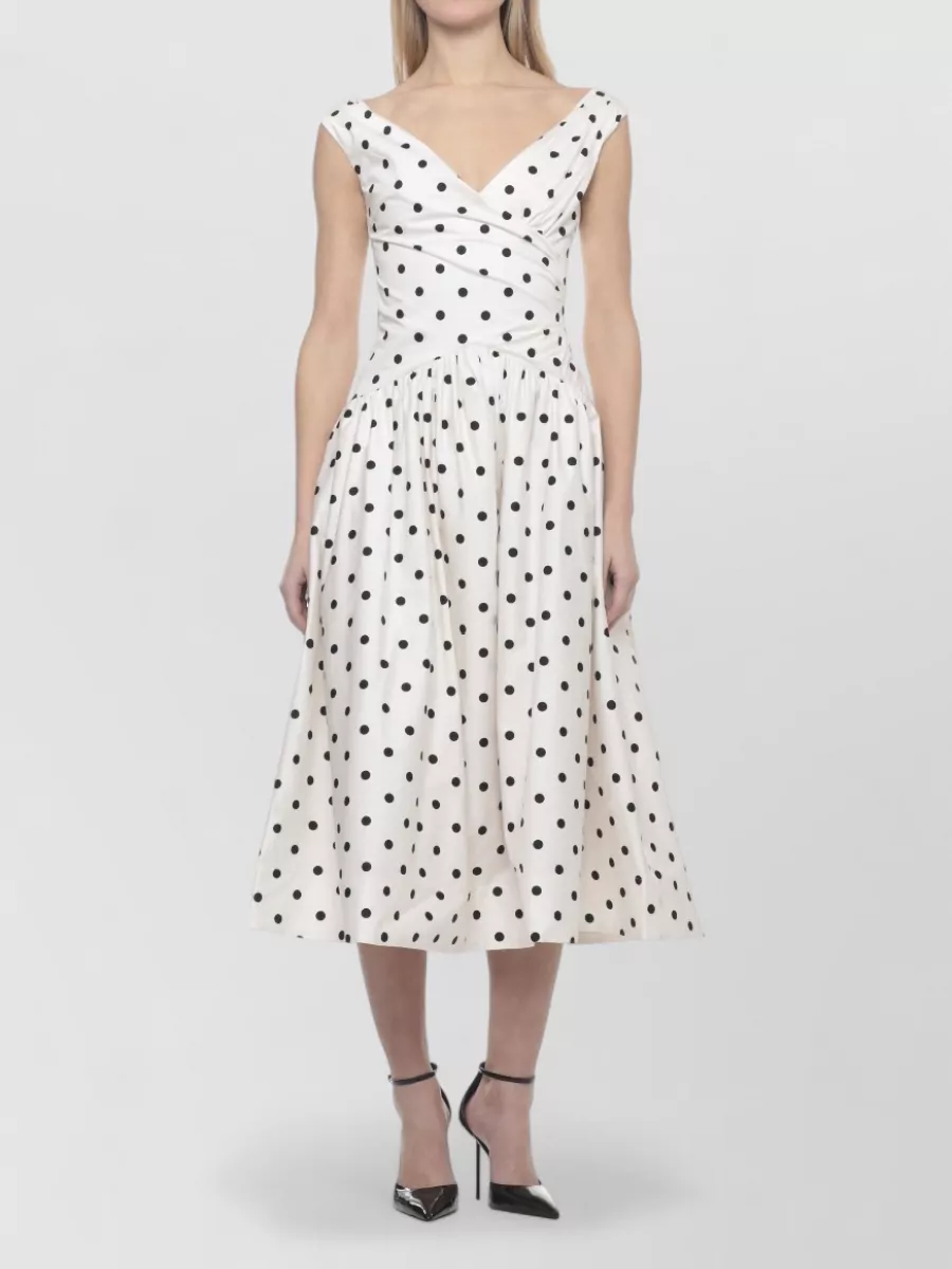 Self-Portrait Cotton Polka-Dot Off-Shoulder Sweetheart Neck Sleeveless Gathered-Waist Flared Midi Dress