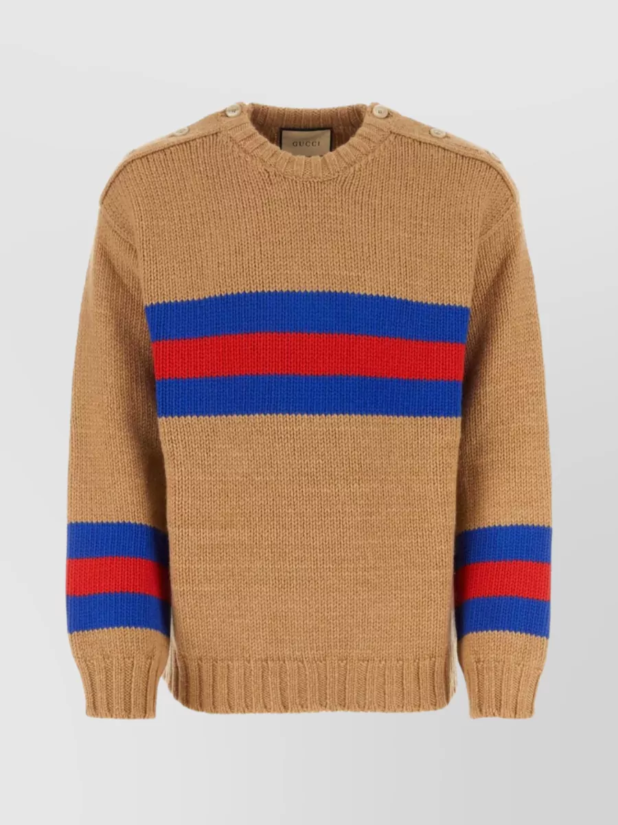 Shop Gucci Striped Crew Neck Sweater With Button Shoulder In Beige