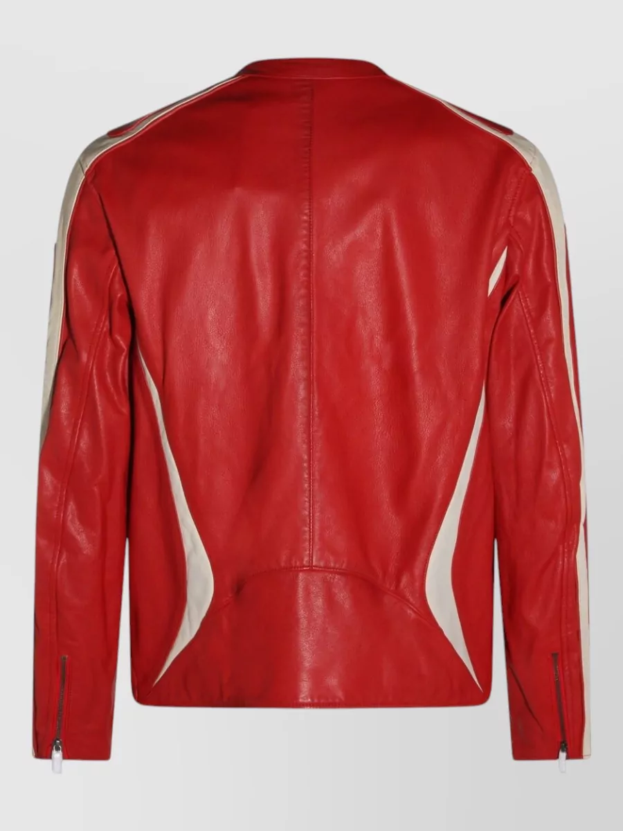 Diesel Leather Jacket Contrast Panels Stand Collar