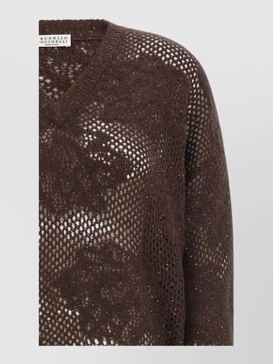 Brunello Cucinelli Mohair Wool Floral Lace V-Neck Sweater
