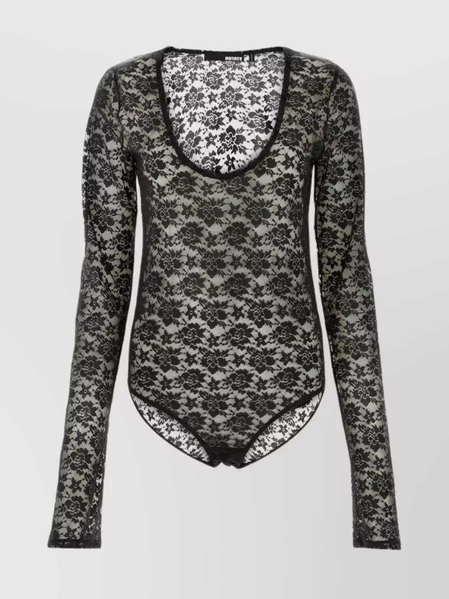 Shop Rotate Birger Christensen Sleeved Lace Bodysuit With Sheer Floral Pattern In Black