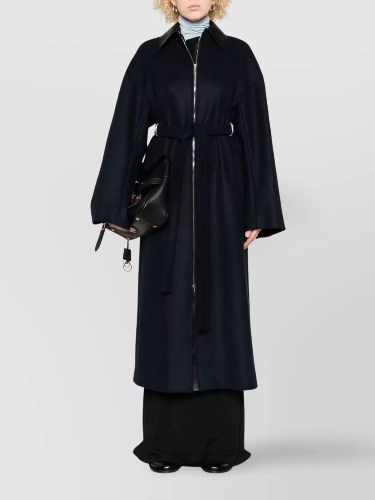 Sportmax Belted Long Coat Featuring Leather Collar In Black