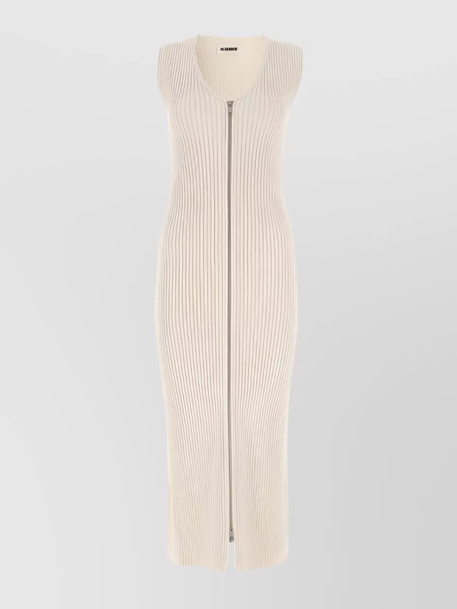 Shop Jil Sander Neutral Ribbed-knit Midi Dress With Front Zipper In Cream