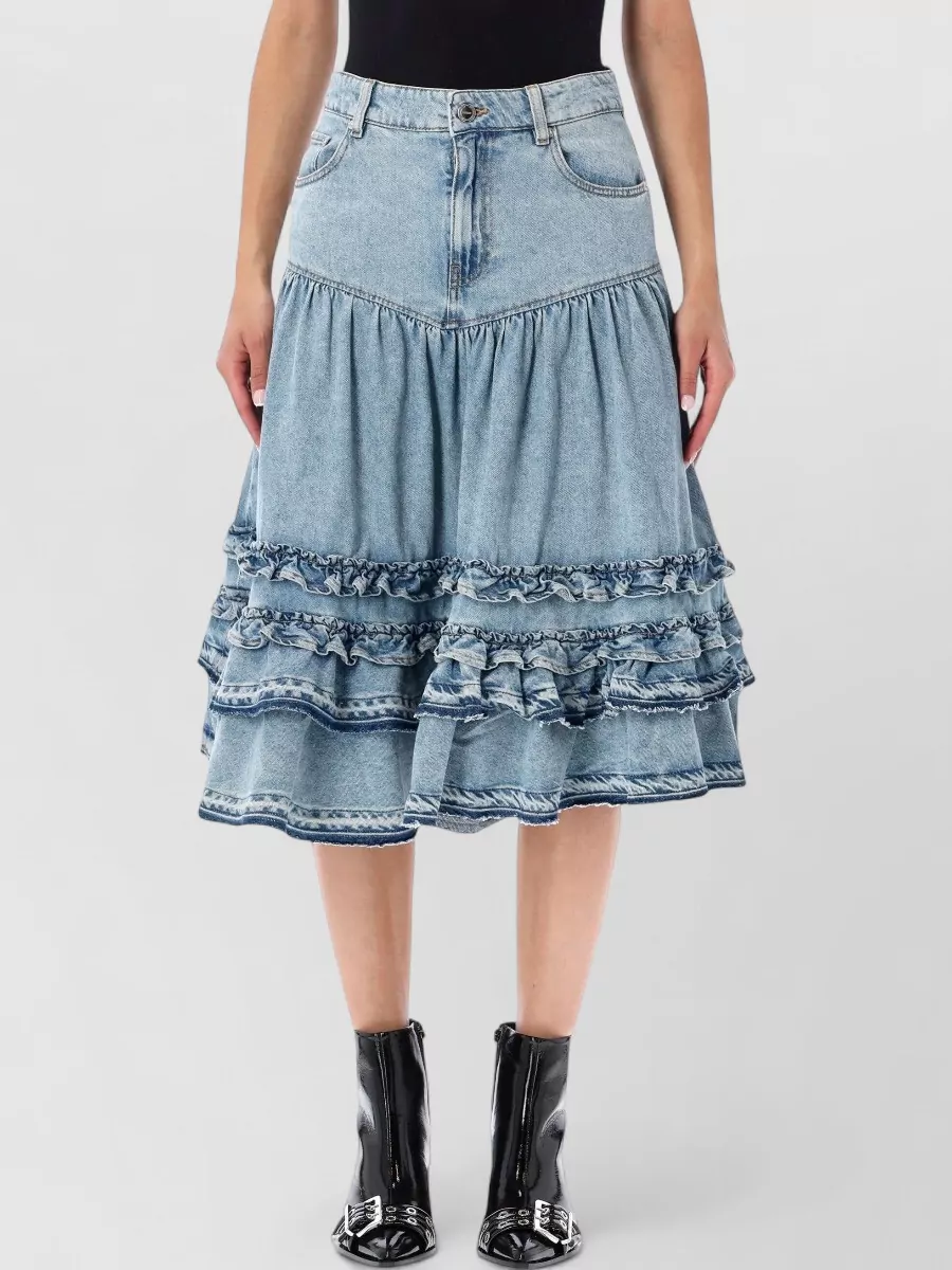 Ganni denim high-rise gathered ruffle midi skirt