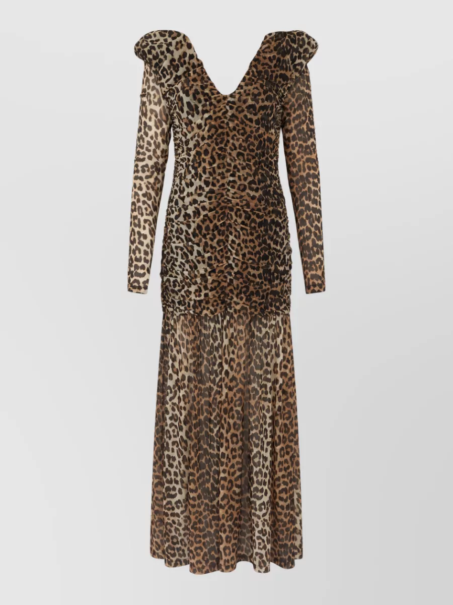 Ganni Animal-print draped v-neck long-sleeve maxi dress