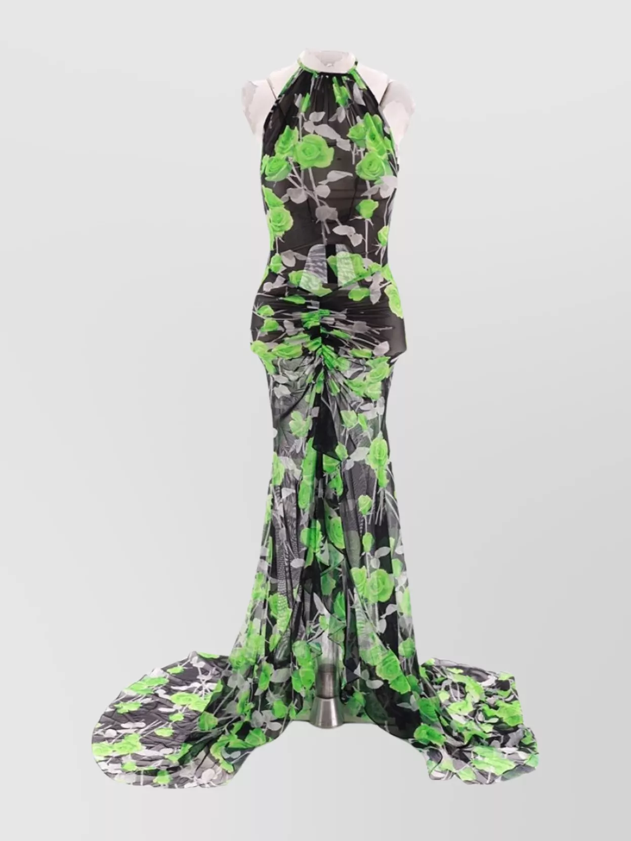 Shop David Koma Rose Printed Ruched Net Gown