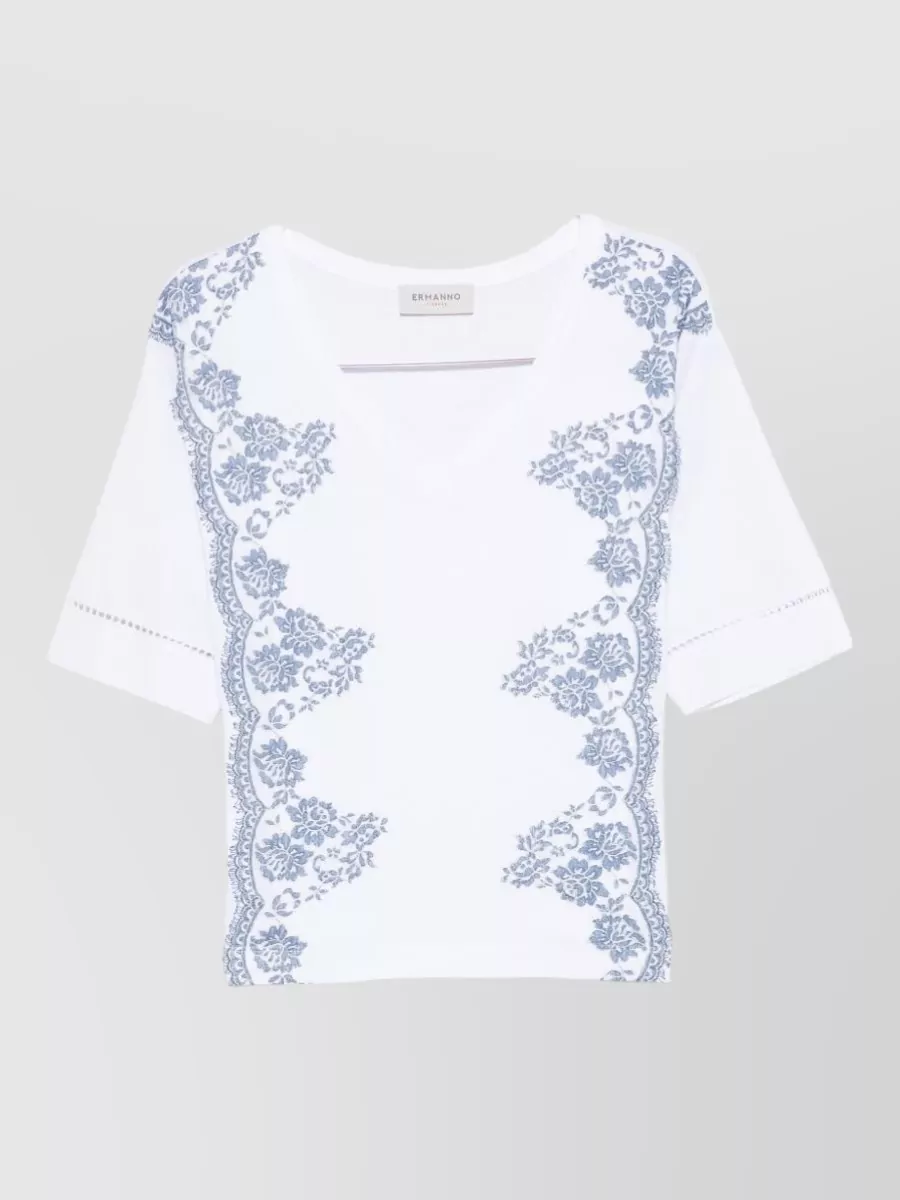 Ermanno Firenze Cotton Floral-Print Pointelle V-Neck Short-Sleeve Blouse