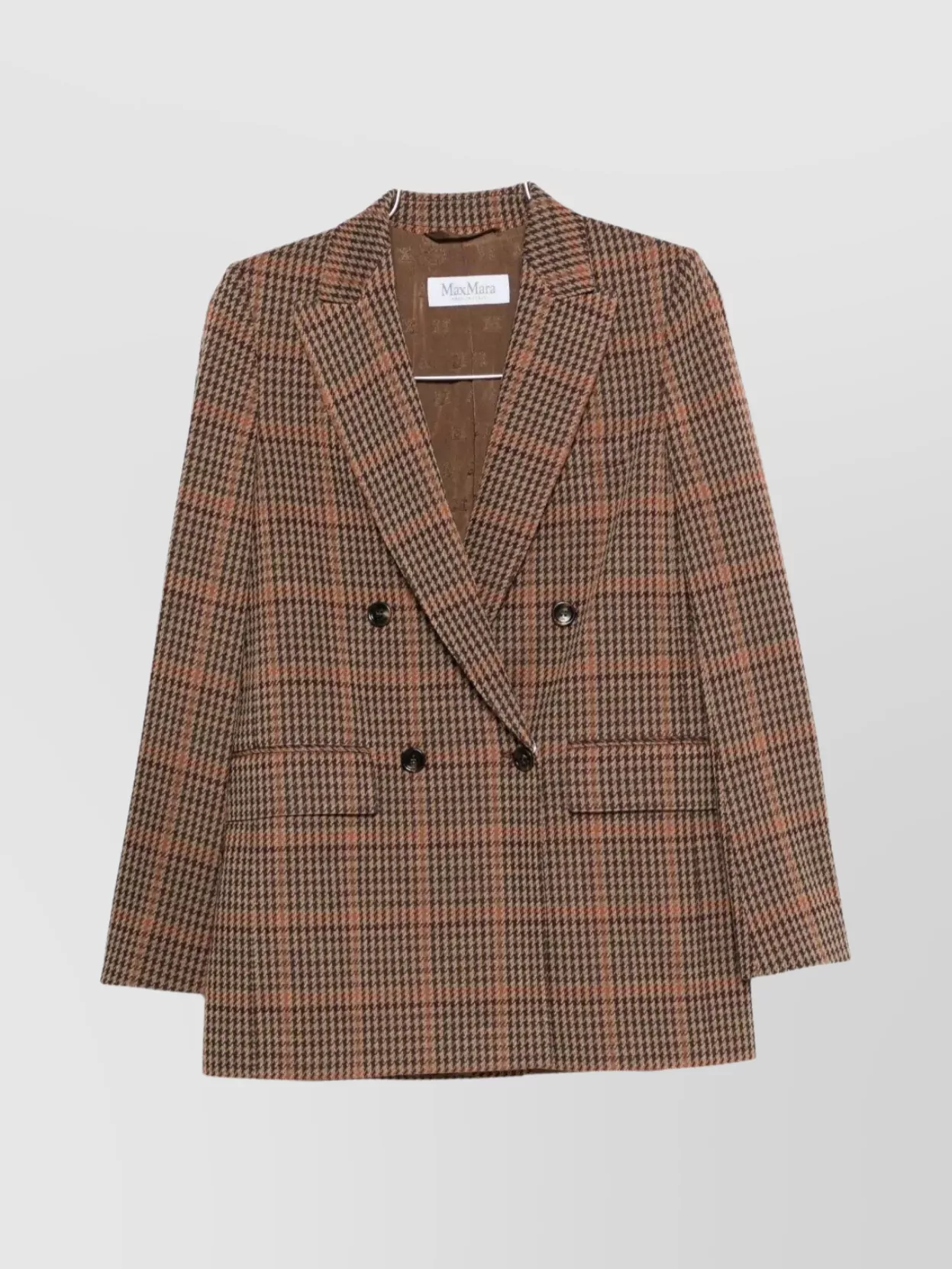 Max Mara Double Breasted Longline Check Jacket In Brown