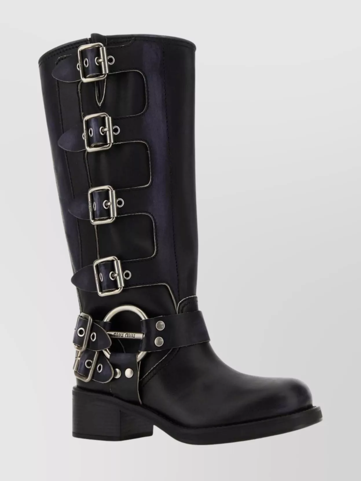 Miu Miu Leather Block Heel Boots With Metal Hardware In Black
