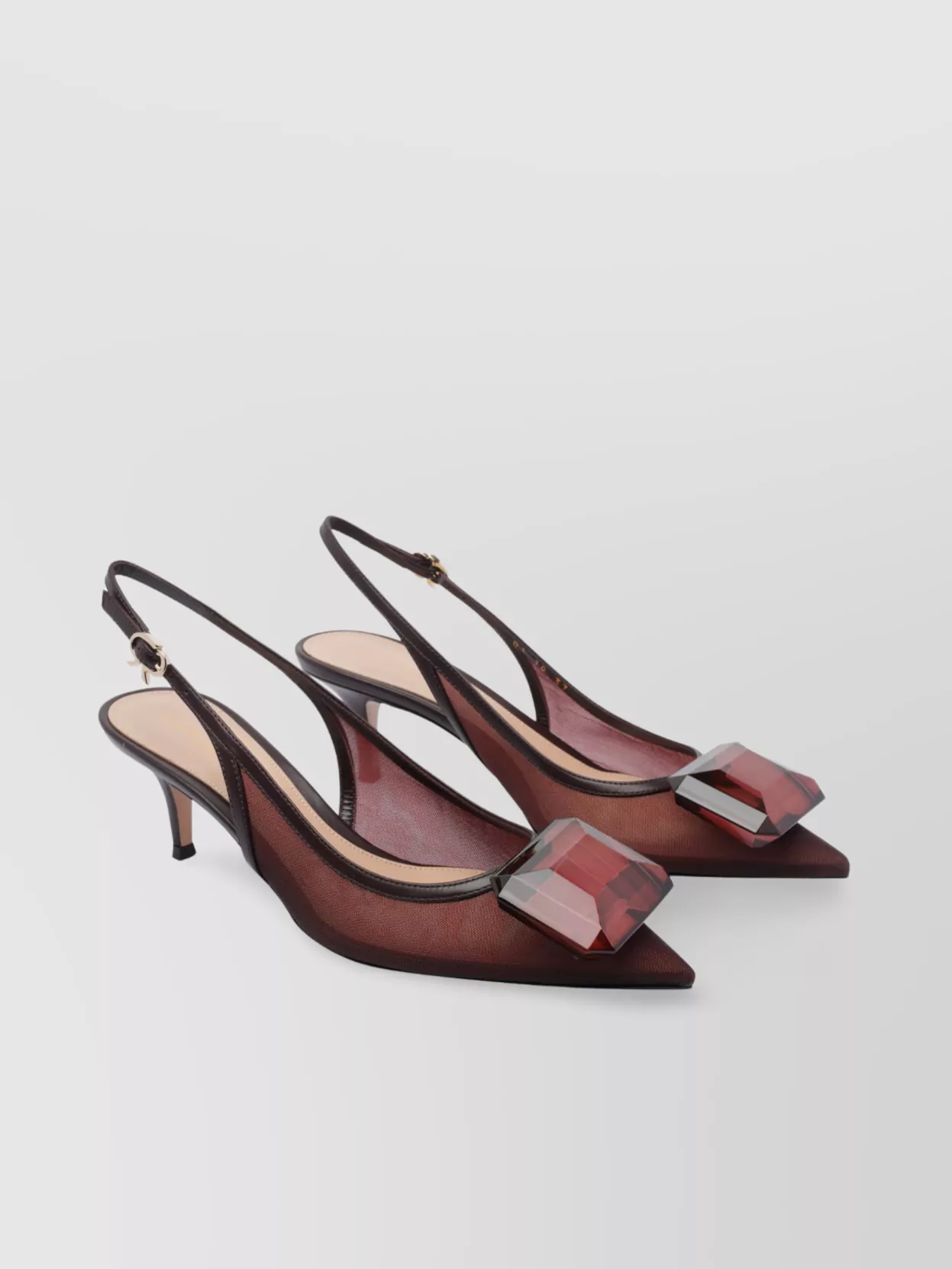 Gianvito Rossi Gem Embellished Mesh Detailing Kitten Heel Pumps