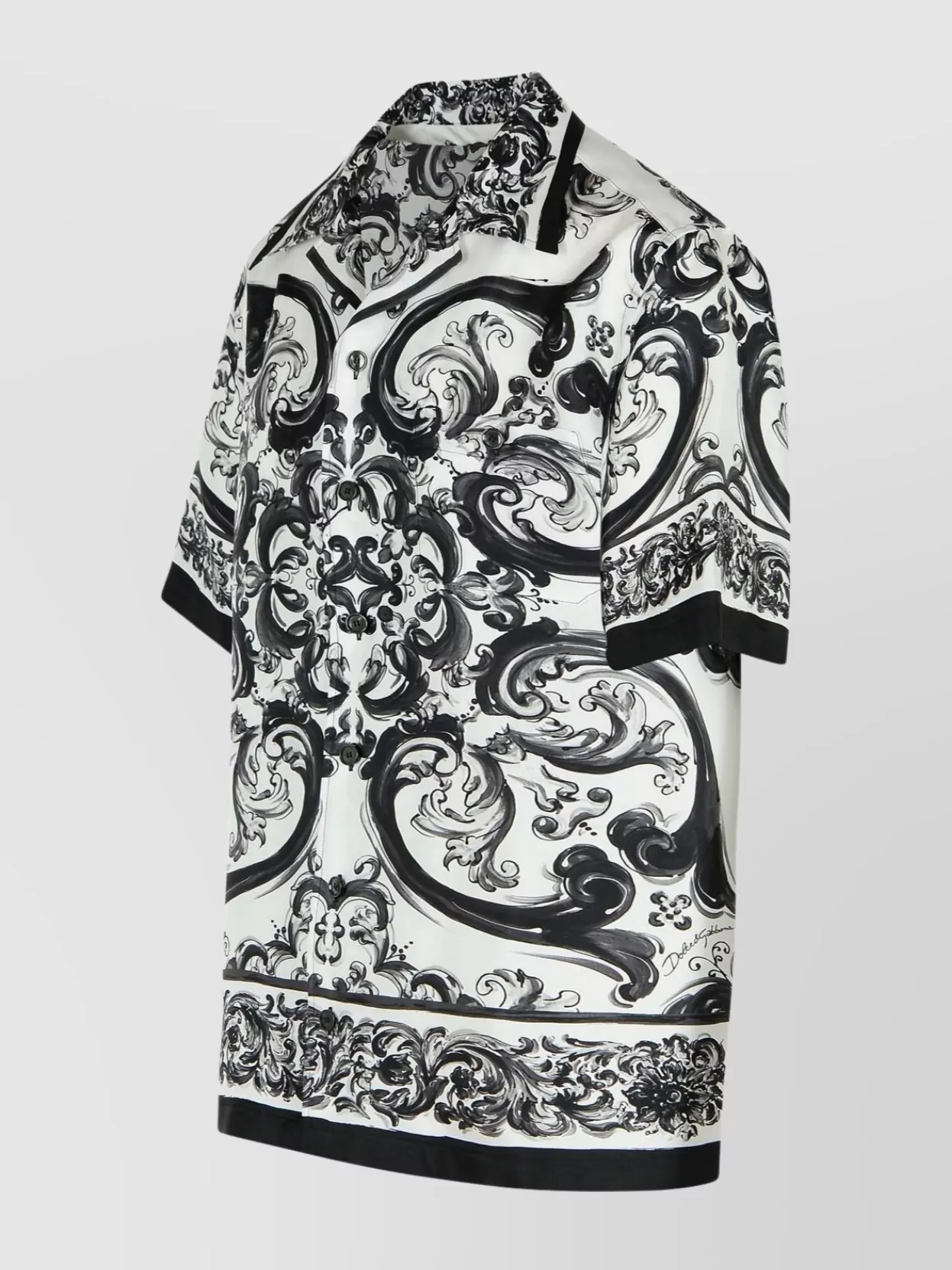 Dolce & Gabbana Maiolica Black And White Bowling Shirt With Cuban Collar And All-over Print In Silk Man In Black