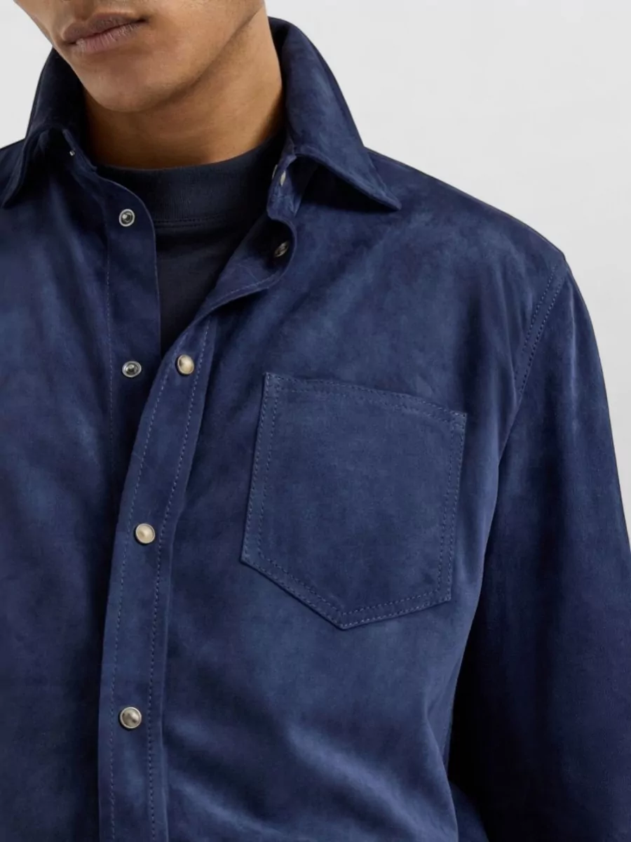 Brunello Cucinelli Suede Texture Shirt Chest Pocket Long Sleeves