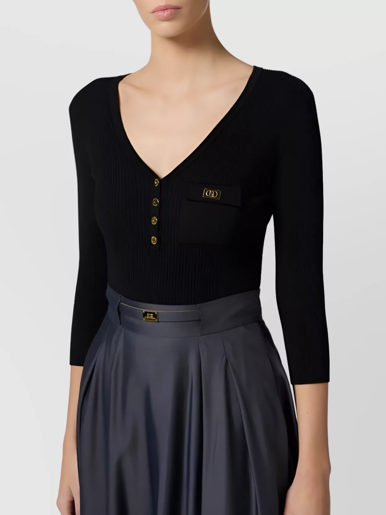 Elisabetta Franchi Micro Ribbed Sweater With Pocket In Black