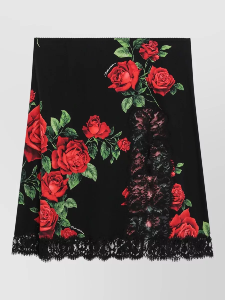 Dolce&Gabbana silk floral-print lace-trim midi skirt