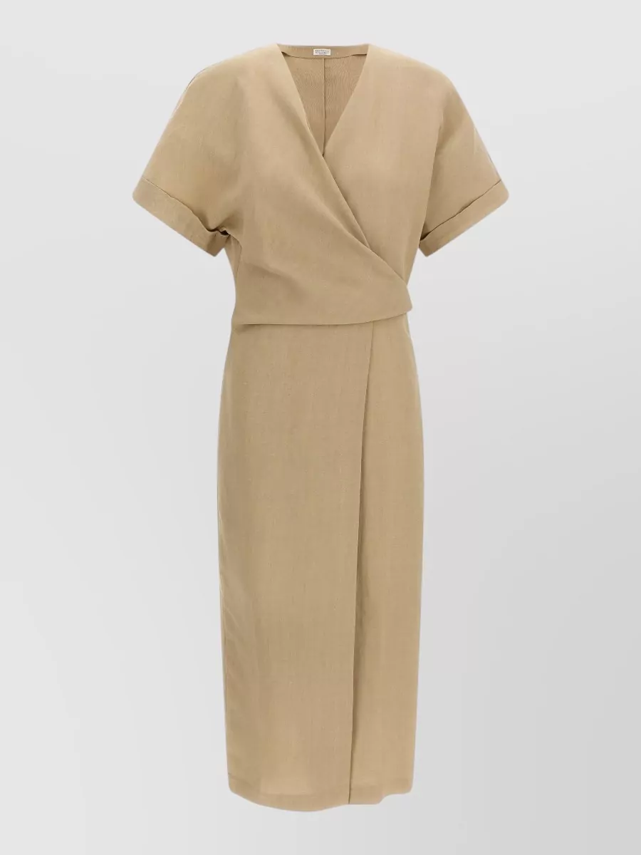 Brunello Cucinelli viscose linen wrap v-neck short-sleeve midi dress