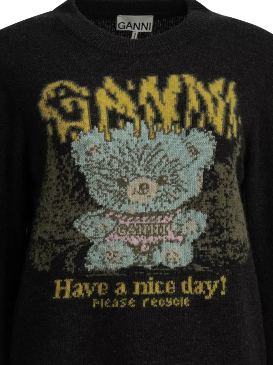 Ganni Wool Graphic-Print Crewneck Sweater