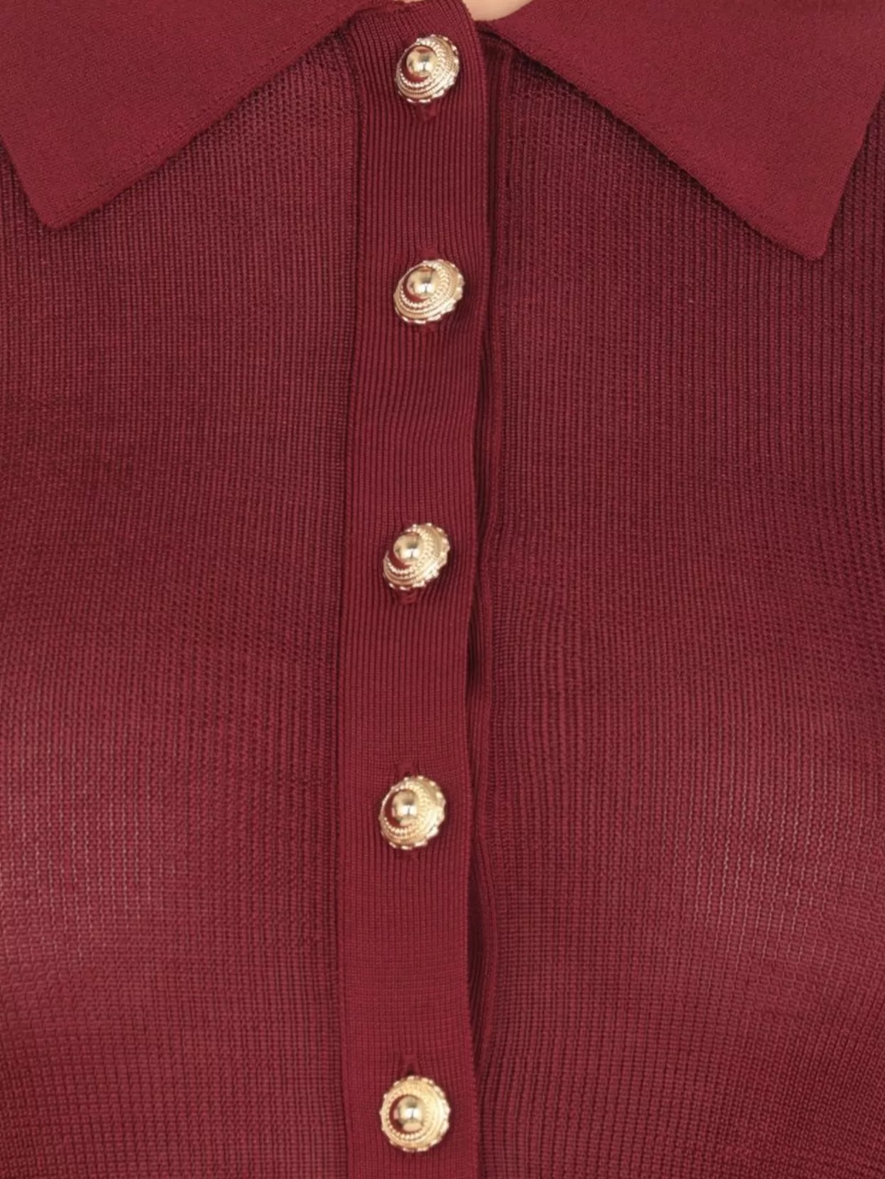 Self-Portrait Ribbed Bordeaux Collared Neck Long Sleeves Top
