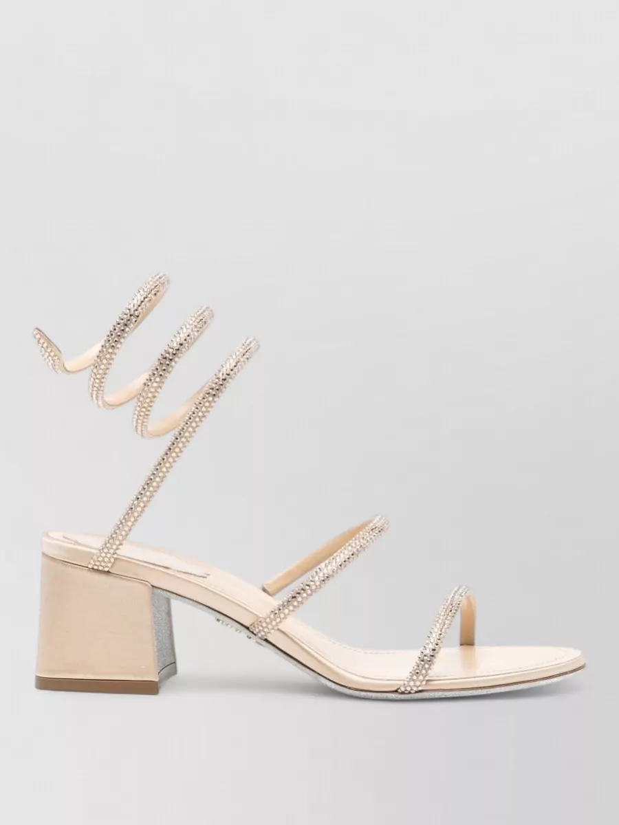 Rene Caovilla Satin Rhinestone-Embellished Spiral-Strap Block-Heel Sandals