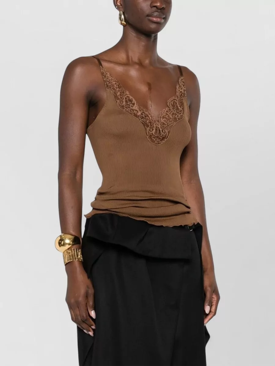 Saint Laurent Ribbed Knit Top Adjustable Straps Lace